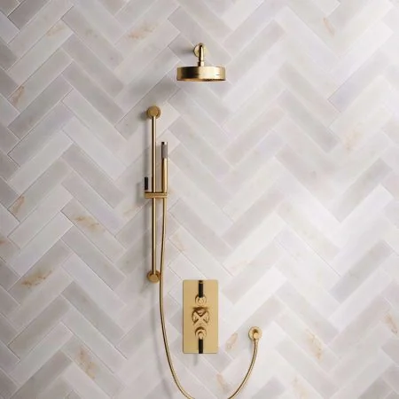 Bayor Dual Outlet Concealed Shower with Slider Rail, 300mm Wall Arm, 8" Rose & Black Levers in Brushed Brass