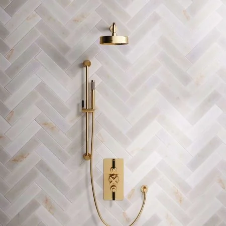 Bayor Dual Outlet Concealed Shower with Slider Rail, 500mm Wall Arm, 8" Rose & Black Levers in Brushed Brass