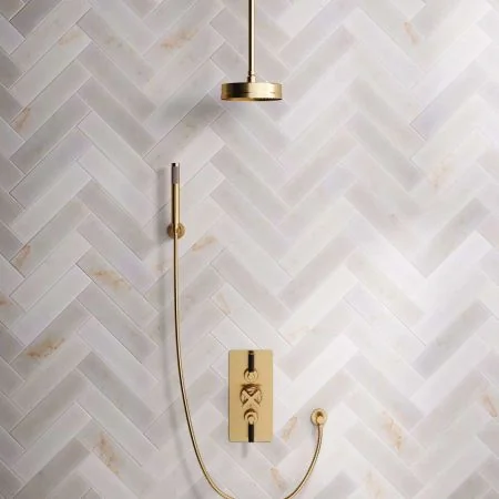 Bayor Dual Outlet Concealed Shower with Handshower Hook, 210mm Ceiling Arm, 8" Rose & Black Levers in Brushed Brass