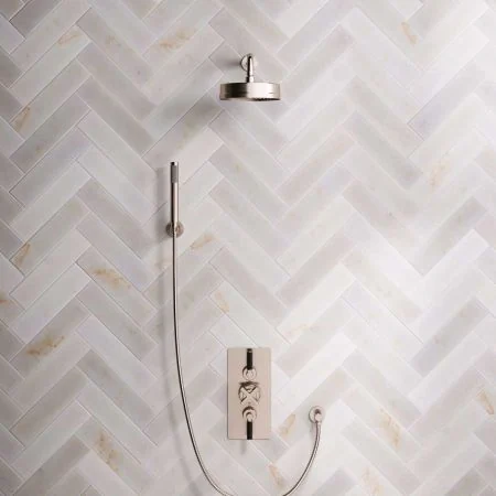 Bayor Dual Outlet Concealed Shower with Handshower Hook, 300mm Wall Arm, 8" Rose & Black Levers in Brushed Nickel