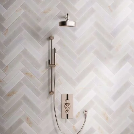 Bayor Dual Outlet Concealed Shower with Slider Rail, 500mm Wall Arm, 8" Rose & Black Levers in Brushed Nickel