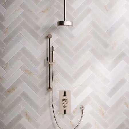 Linton Dual Outlet Concealed Shower with Slider Rail, 210mm Ceiling Arm, 8" Rose & Black Levers in Brushed Nickel