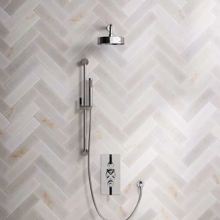 Bayor Dual Outlet Concealed Shower with Slider Rail, 300mm Wall Arm, 8" Rose & Black Levers in Chrome