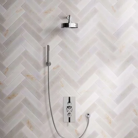 Bayor Dual Outlet Concealed Shower with Handshower Hook, 300mm Wall Arm, 8" Rose & Black Levers in Chrome