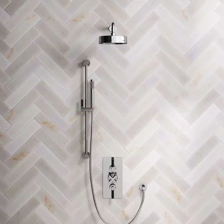 Bayor Dual Outlet Concealed Shower with Slider Rail, 500mm Wall Arm, 8" Rose & Black Levers in Chrome