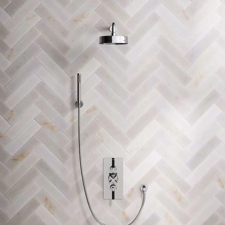 Bayor Dual Outlet Concealed Shower with Handshower Hook, 500mm Wall Arm, 8" Rose & Black Levers in Chrome