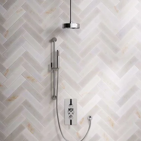 Linton Dual Outlet Concealed Shower with Slider Rail, 210mm Ceiling Arm, 8" Rose & Black Levers in Chrome