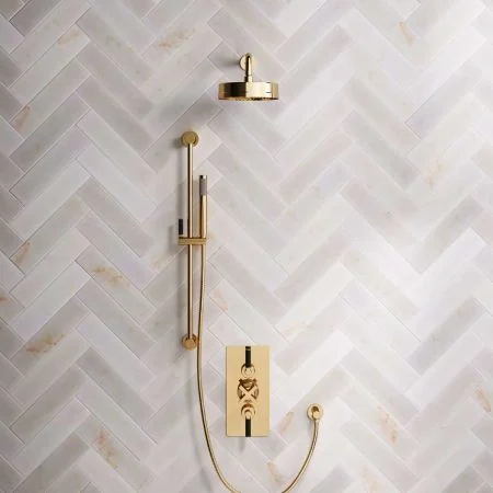 Bayor Dual Outlet Concealed Shower with Slider Rail, 300mm Wall Arm, 8" Rose & Black Levers in Living Brass