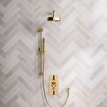 Bayor Dual Outlet Concealed Shower with Slider Rail, 500mm Wall Arm, 8" Rose & Black Levers in Living Brass