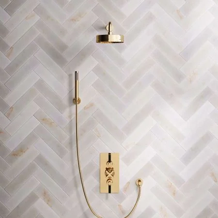 Bayor Dual Outlet Concealed Shower with Handshower Hook, 500mm Wall Arm, 8" Rose & Black Levers in Living Brass