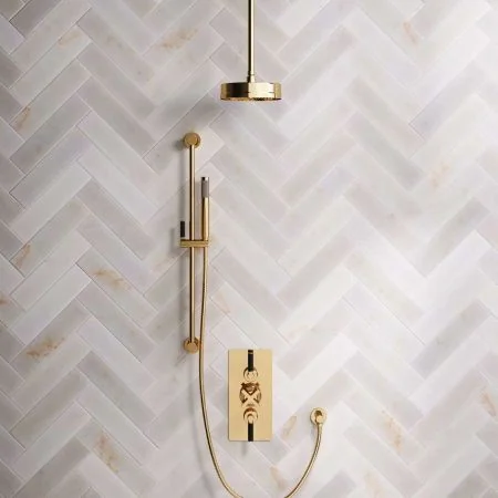 Linton Dual Outlet Concealed Shower with Slider Rail, 210mm Ceiling Arm, 8" Rose & Black Levers in Living Brass