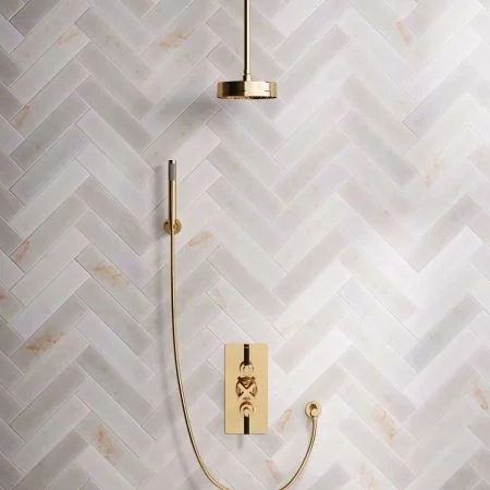 Bayor Dual Outlet Concealed Shower with Handshower Hook, 210mm Ceiling Arm, 8" Rose & Black Levers in Living Brass