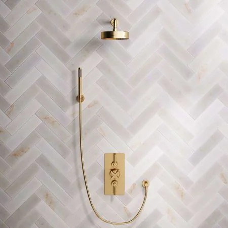 Bayor Dual Outlet Concealed Shower with Handshower Hook, 300mm Wall Arm, 8" Rose & Metal Levers in Brushed Brass