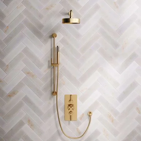 Bayor Dual Outlet Concealed Shower with Slider Rail, 500mm Wall Arm, 8" Rose & Metal Levers in Brushed Brass