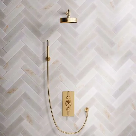 Bayor Dual Outlet Concealed Shower with Handshower Hook, 500mm Wall Arm, 8" Rose & Metal Levers in Brushed Brass