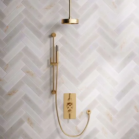 Linton Dual Outlet Concealed Shower with Slider Rail, 210mm Ceiling Arm, 8" Rose & Metal Levers in Brushed Brass