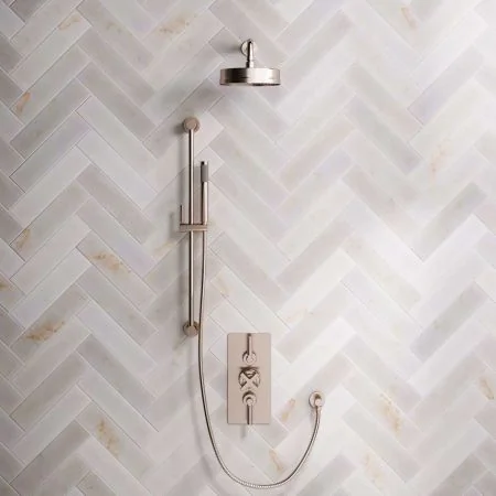 Bayor Dual Outlet Concealed Shower with Slider Rail, 300mm Wall Arm, 8" Rose & Metal Levers in Brushed Nickel