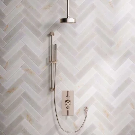 Linton Dual Outlet Concealed Shower with Slider Rail, 210mm Ceiling Arm, 8" Rose & Metal Levers in Brushed Nickel