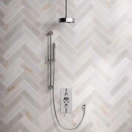 Linton Dual Outlet Concealed Shower with Slider Rail, 210mm Ceiling Arm, 8" Rose & Metal Levers in Chrome