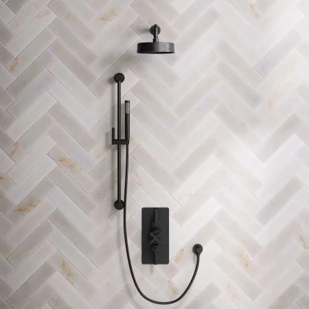 Bayor Dual Outlet Concealed Shower with Slider Rail, 300mm Wall Arm, 8" Rose & Metal Levers in Matt Black