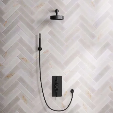 Bayor Dual Outlet Concealed Shower with Handshower Hook, 300mm Wall Arm, 8" Rose & Metal Levers in Matt Black