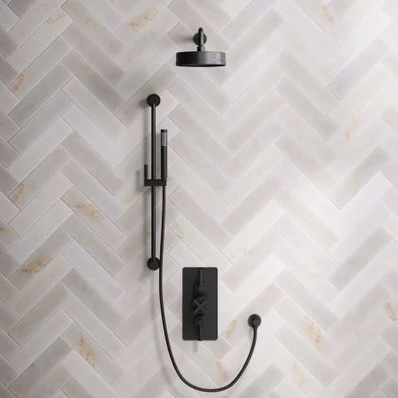 Bayor Dual Outlet Concealed Shower with Slider Rail, 500mm Wall Arm, 8" Rose & Metal Levers in Matt Black
