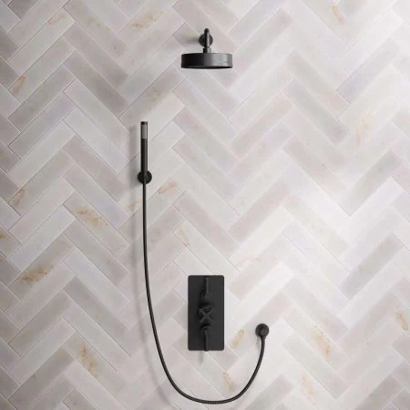 Bayor Dual Outlet Concealed Shower with Handshower Hook, 500mm Wall Arm, 8" Rose & Metal Levers in Matt Black