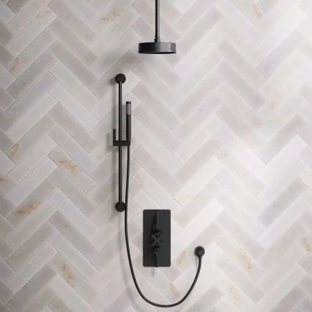 Linton Dual Outlet Concealed Shower with Slider Rail, 210mm Ceiling Arm, 8" Rose & Metal Levers in Matt Black