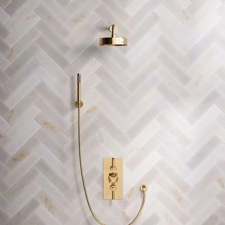 Bayor Dual Outlet Concealed Shower with Handshower Hook, 300mm Wall Arm, 8" Rose & Metal Levers in Living Brass