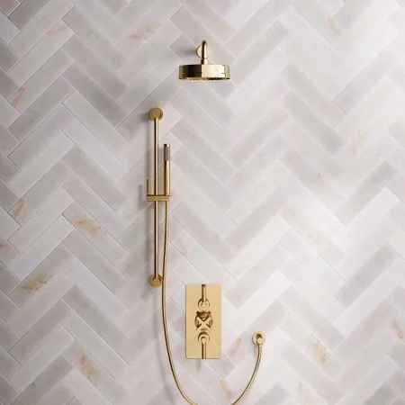Bayor Dual Outlet Concealed Shower with Slider Rail, 500mm Wall Arm, 8" Rose & Metal Levers in Living Brass