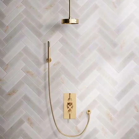 Bayor Dual Outlet Concealed Shower with Handshower Hook, 210mm Ceiling Arm, 8" Rose & Metal Levers in Living Brass
