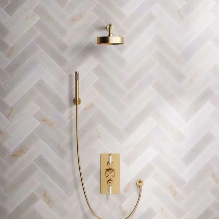 Bayor Dual Outlet Concealed Shower with Handshower Hook, 300mm Wall Arm, 8" Rose & White Levers in Brushed Brass
