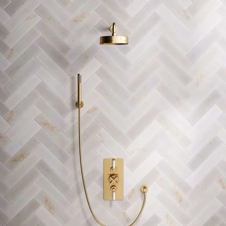 Bayor Dual Outlet Concealed Shower with Handshower Hook, 500mm Wall Arm, 8" Rose & White Levers in Brushed Brass