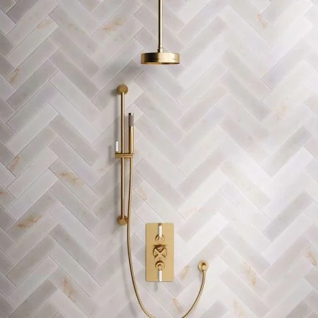 Linton Dual Outlet Concealed Shower with Slider Rail, 210mm Ceiling Arm, 8" Rose & White Levers in Brushed Brass