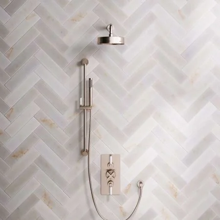 Bayor Dual Outlet Concealed Shower with Slider Rail, 300mm Wall Arm, 8" Rose & White Levers in Brushed Nickel