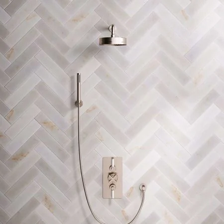 Bayor Dual Outlet Concealed Shower with Handshower Hook, 300mm Wall Arm, 8" Rose & White Levers in Brushed Nickel