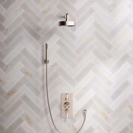 Bayor Dual Outlet Concealed Shower with Handshower Hook, 500mm Wall Arm, 8" Rose & White Levers in Brushed Nickel