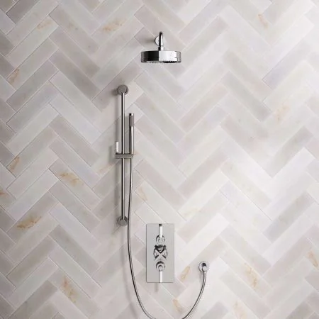 Bayor Dual Outlet Concealed Shower with Slider Rail, 500mm Wall Arm, 8" Rose & White Levers in Chrome