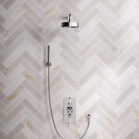 Bayor Dual Outlet Concealed Shower with Handshower Hook, 500mm Wall Arm, 8" Rose & White Levers in Chrome