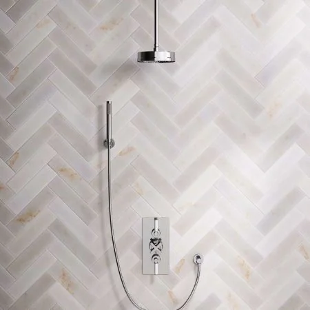 Bayor Dual Outlet Concealed Shower with Handshower Hook, 210mm Ceiling Arm, 8" Rose & White Levers in Chrome