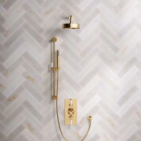 Elbe Dual Outlet Shower Kit - Concealed Valve - White Ceramic Lever - Handshower Slider-Rail - Polished Brass