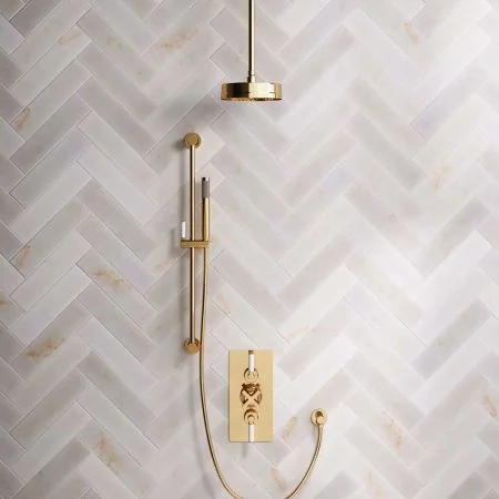 Linton Dual Outlet Concealed Shower with Slider Rail, 210mm Ceiling Arm, 8" Rose & White Levers in Living Brass