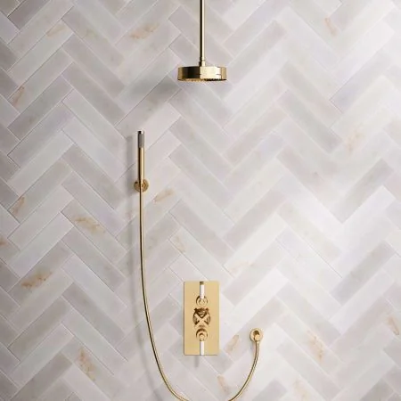 Bayor Dual Outlet Concealed Shower with Handshower Hook, 210mm Ceiling Arm, 8" Rose & White Levers in Living Brass