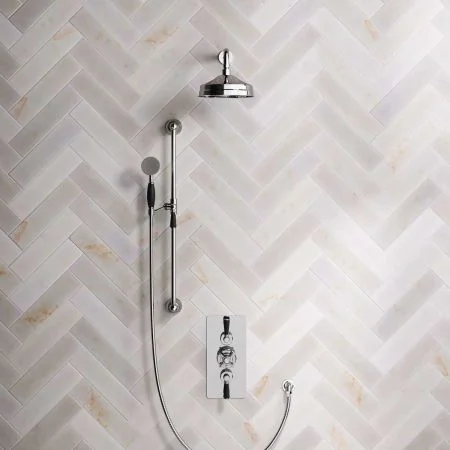 Linton Dual Outlet Concealed Shower with Slider Rail, 300mm Wall Arm, 8" Rose & Black Lever in Shower with Chrome