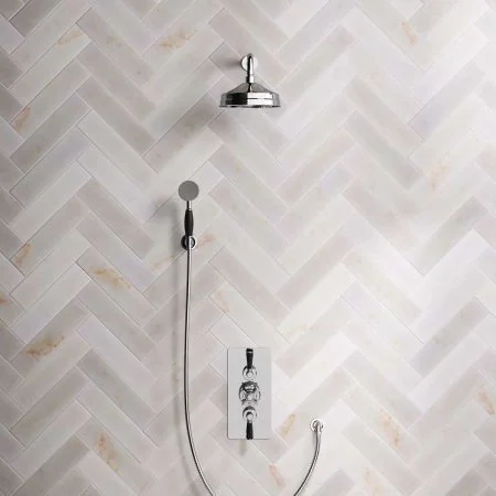 Linton Dual Outlet Shower Kit - Concealed Valve - 8 inch Rose - Black Ceramic Lever - Handshower Hook - Chrome Finish