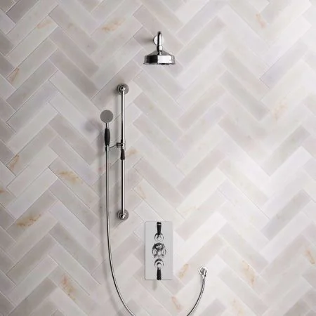 Linton Dual Outlet Concealed Shower with Slider Rail, 500mm Wall Arm, 6" Rose & Black Lever in Chrome