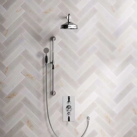 Linton Dual Outlet Concealed Shower with Slider Rail, 500mm Wall Arm, 8" Rose & Black Lever in Chrome