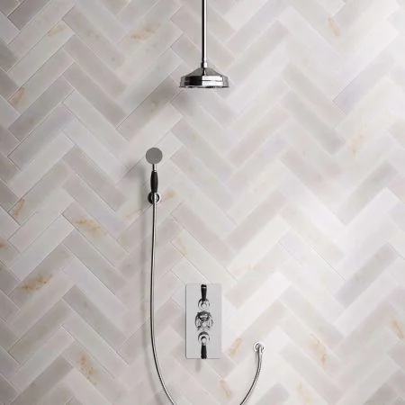 Linton Dual Outlet Concealed Shower with Handshower Hook, 210mm Ceiling Arm, 8" Rose & Black Levers in Chrome