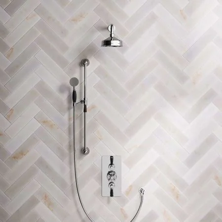 Linton Dual Outlet Concealed Shower with Slider Rail, 300mm Wall Arm, 6" Rose & Black Lever in Chrome