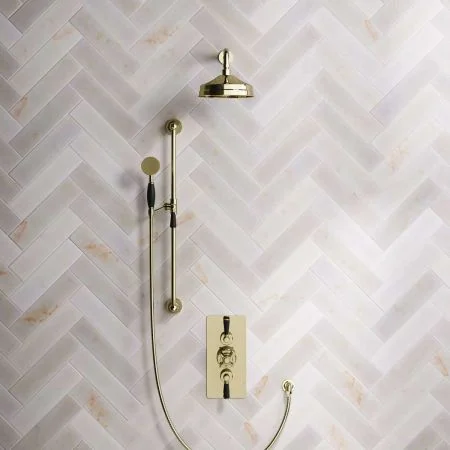 Linton Dual Outlet Shower Kit - Concealed Valve - 8 inch Rose - Black Ceramic Lever - Handshower Slider-Rail - Timeless Brass